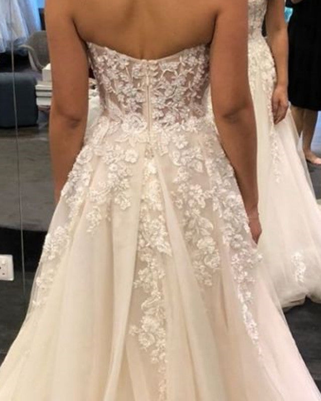Tulle Beach Wedding Dress Lace Embroidery Removable Straps