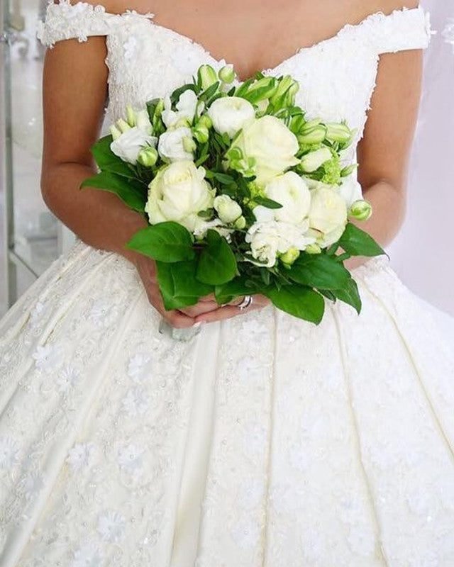 Princess Wedding Dress Lace Flowers V Neck Off Shoulder