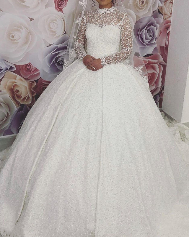 High Neck Lace Wedding Dress Long Sleeves