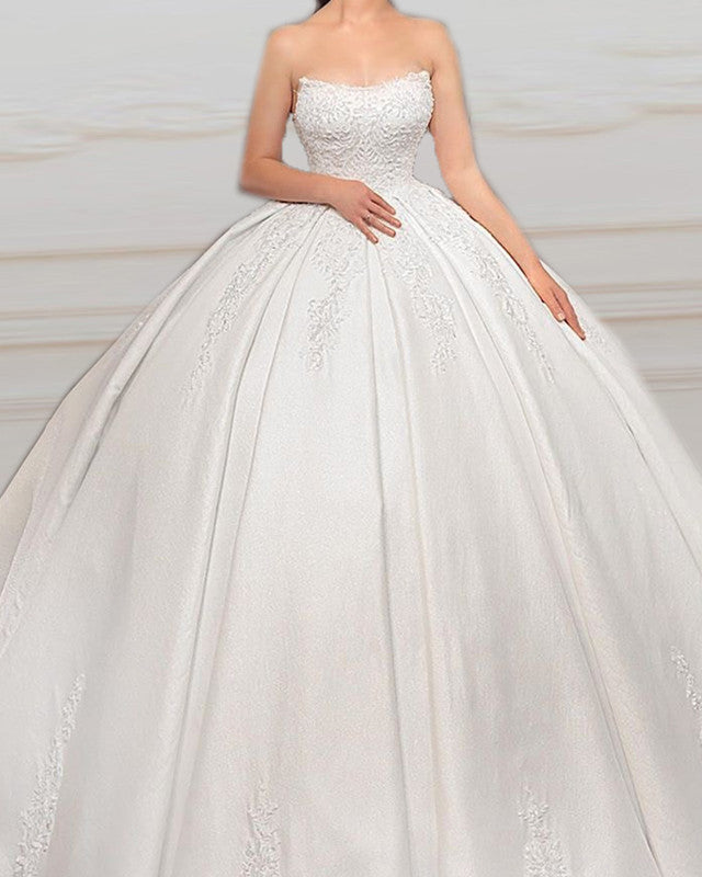 Strapless Corset Wedding Dress Satin Ball Gown Lace Embroidery