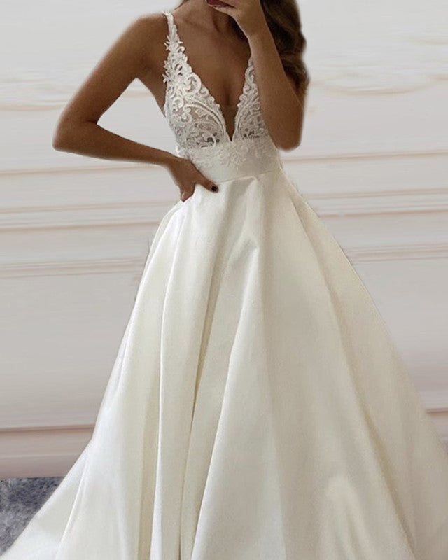 Elegant Satin Wedding Dress Lace V Neck