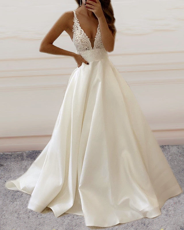 Elegant Satin Wedding Dress Lace V Neck