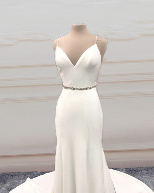 Mermaid V Neck Sweep Train Wedding Dress Bow Sashes