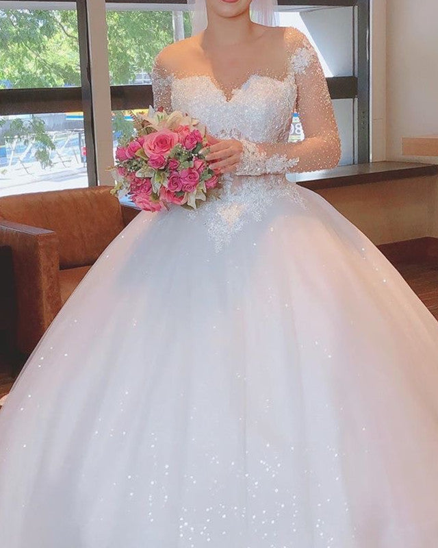 Sheer Neck Wedding Dress Beaded Long Sleeves