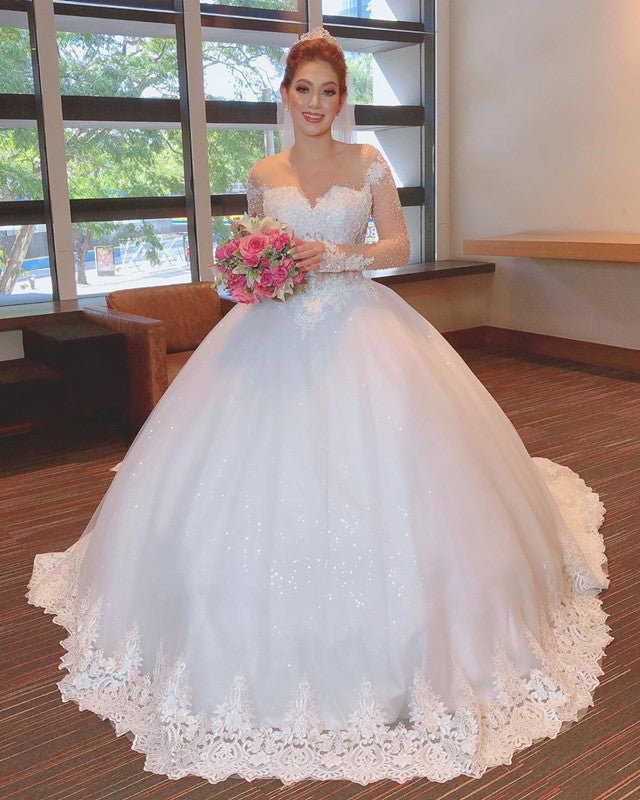 Sheer Neck Wedding Dress Beaded Long Sleeves