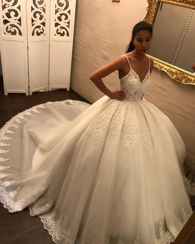 Spaghetti Straps Wedding Dress Lace Ball Gown V Neck