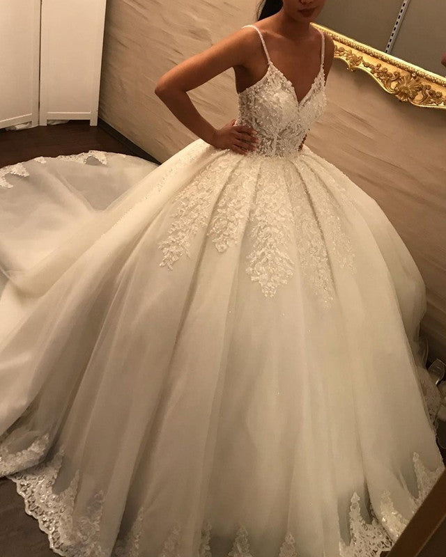 Spaghetti Straps Wedding Dress Lace Ball Gown V Neck