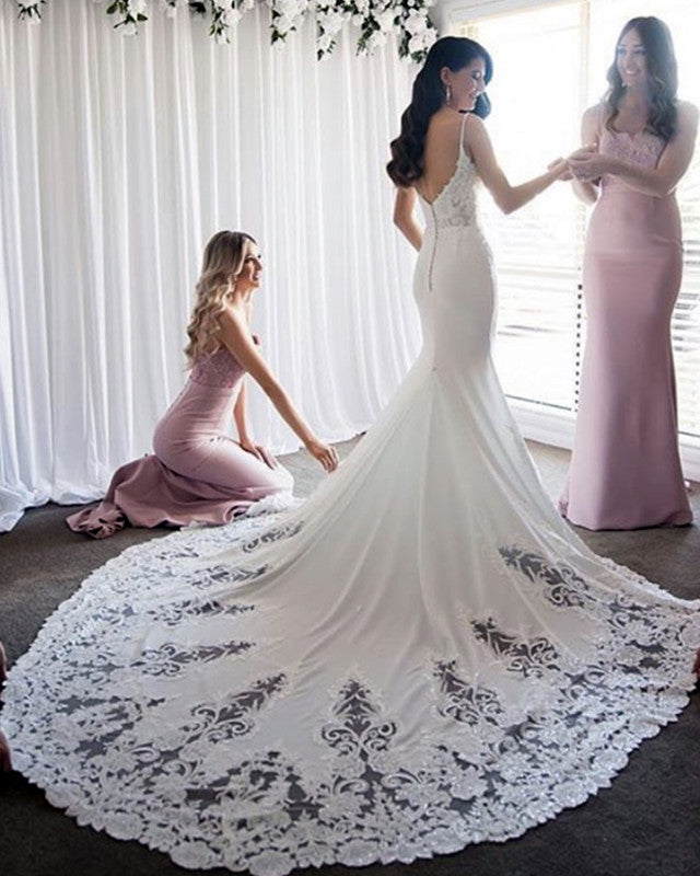 Backless Mermaid Wedding Dress V Neck Lace Sweep Train