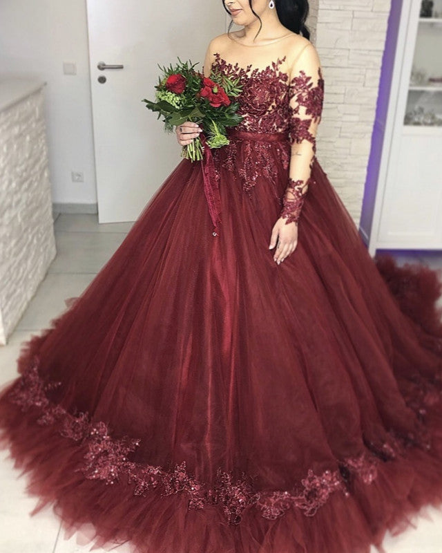 Burgundy Wedding Dress Sheer Neck Ball Gown Lace Appliques Long Sleeve Lisposa Burgundy Wedding Dress Sheer Neck Ball Gown Lace Appliques Long Sleeve Lisposa