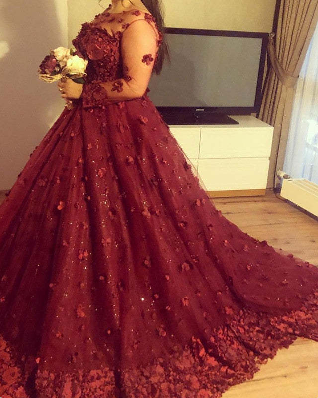 Long Sleeves Ball Gown Floral Flowers Dresses