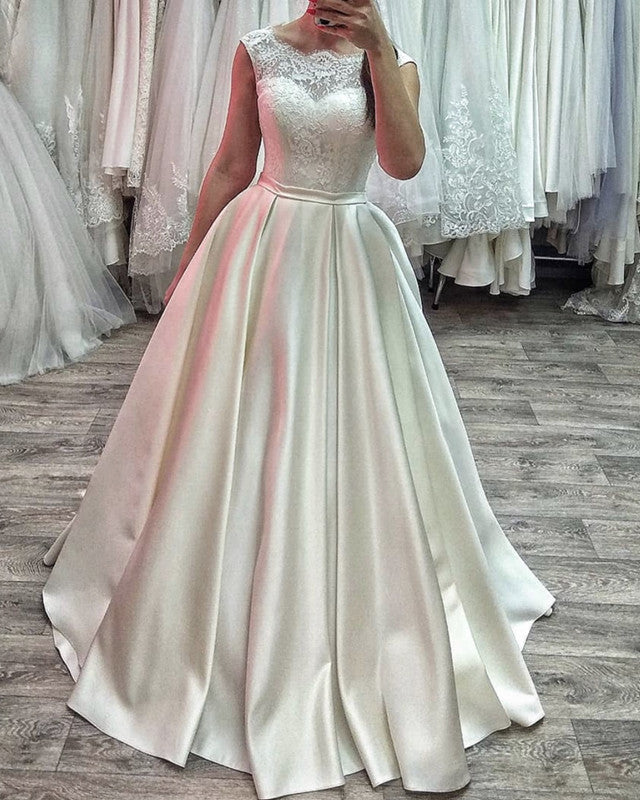 Elegenat A-line Wedding Dress Lace Scoop Neck Satin Floor Length Lisposa Elegenat A-line Wedding Dress Lace Scoop Neck Satin Floor Length Lisposa