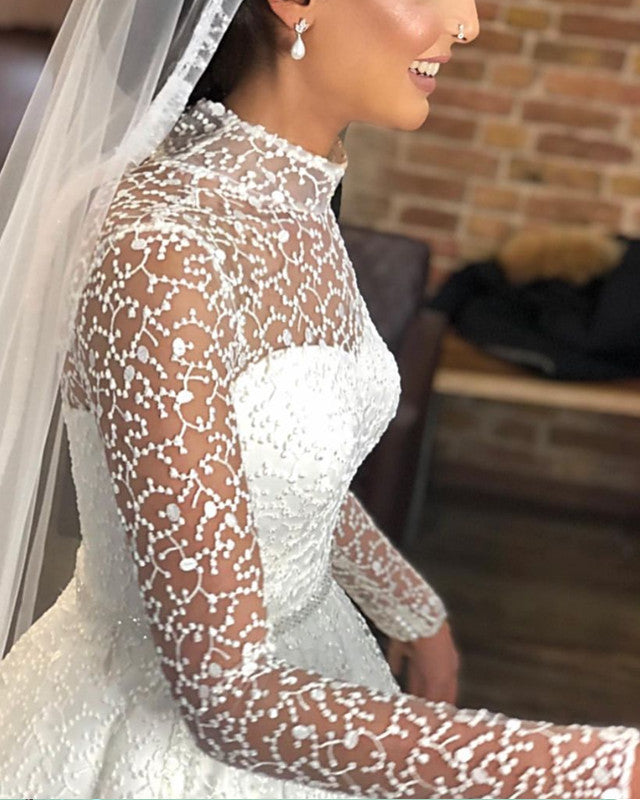 Sheer Lace Long Sleeves Princess Wedding Dress High Neck