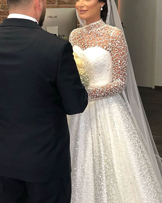 Sheer Lace Long Sleeves Princess Wedding Dress High Neck
