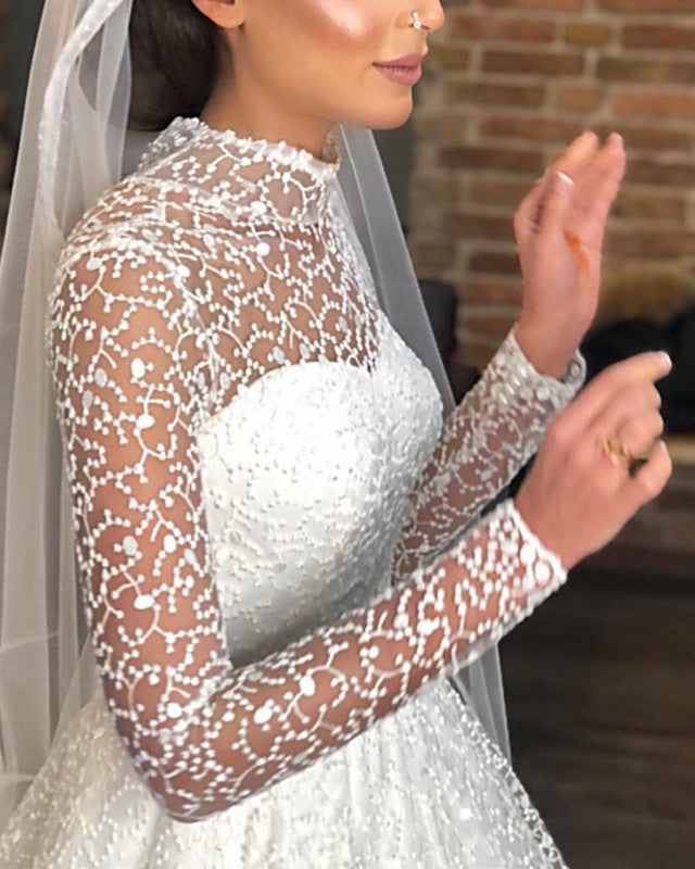 Sheer Lace Long Sleeves Princess Wedding Dress High Neck