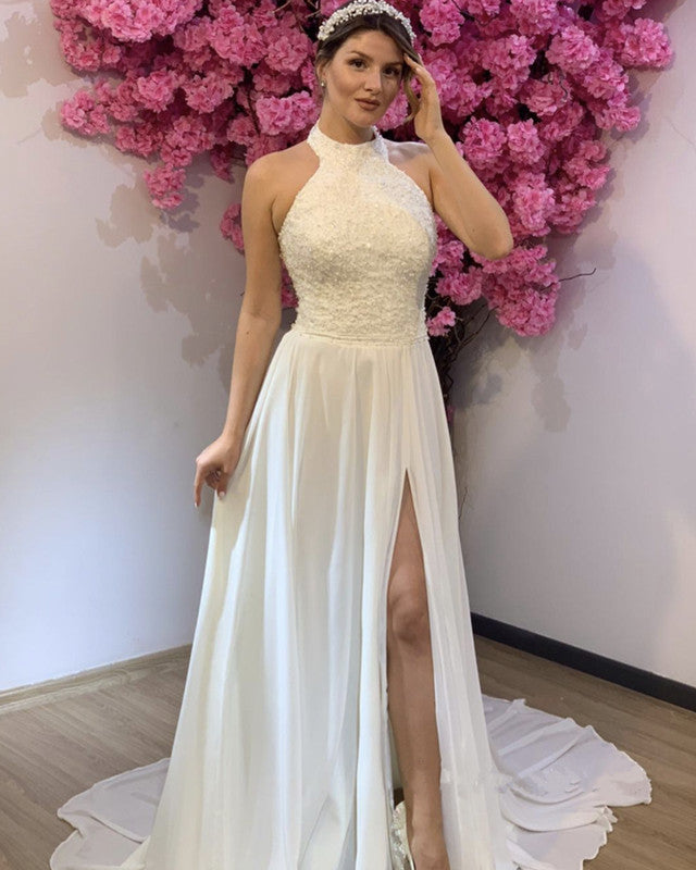 Halter Boho Wedding Dress Lace Appliques Chiffon Split Lisposa Halter Boho Wedding Dress Lace Appliques Chiffon Split Lisposa