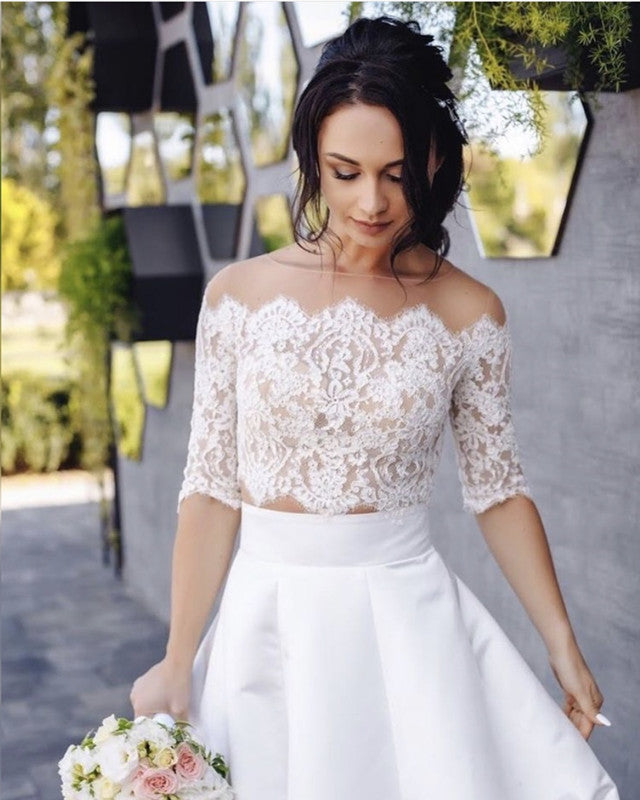 Boho Satin Wedding Dress Two Piece Lace Half Sleeves