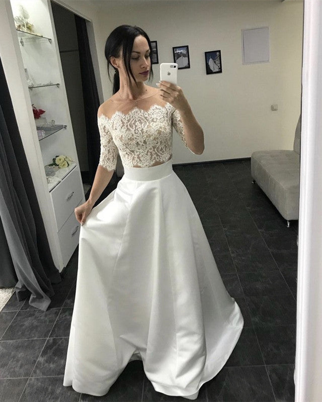 half lace half satin wedding dress Women's Silk Satin V-Neck Lace Wedding Dress with Half-Sleeves, Embroidered Ruffles, White (US, Numeric, 2, Regular, Regular, White) at Amazon Women's Clothing store