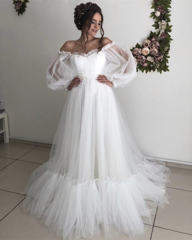 Puffy Sleeves Boho Wedding Dress Tulle Off Shoulder Lisposa Puffy Sleeves Boho Wedding Dress Tulle Off Shoulder Lisposa