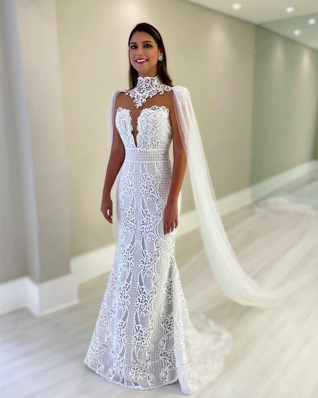 Cape Back Mermaid Wedding Dress Lace Embroidery Lisposa Cape Back Mermaid Wedding Dress Lace Embroidery Lisposa