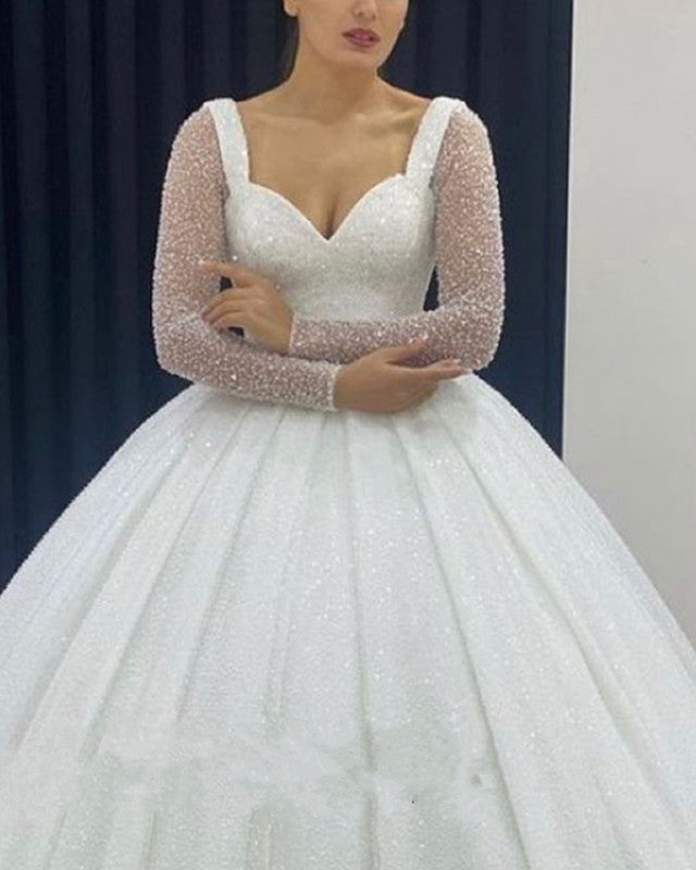 Long Sleeves Sweetheart Wedding Dress Sequins Ball Gown