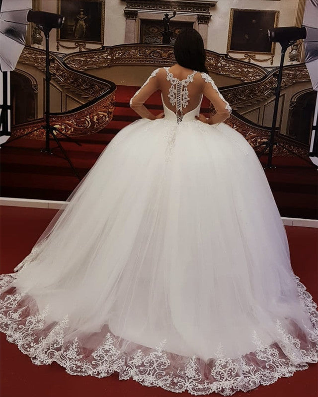 Elegant Lace Long Sleeves Beaded Corset Wedding Dress Ball Gown