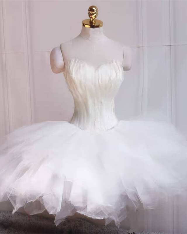 Short White Feather Strapless Ruffles Dress