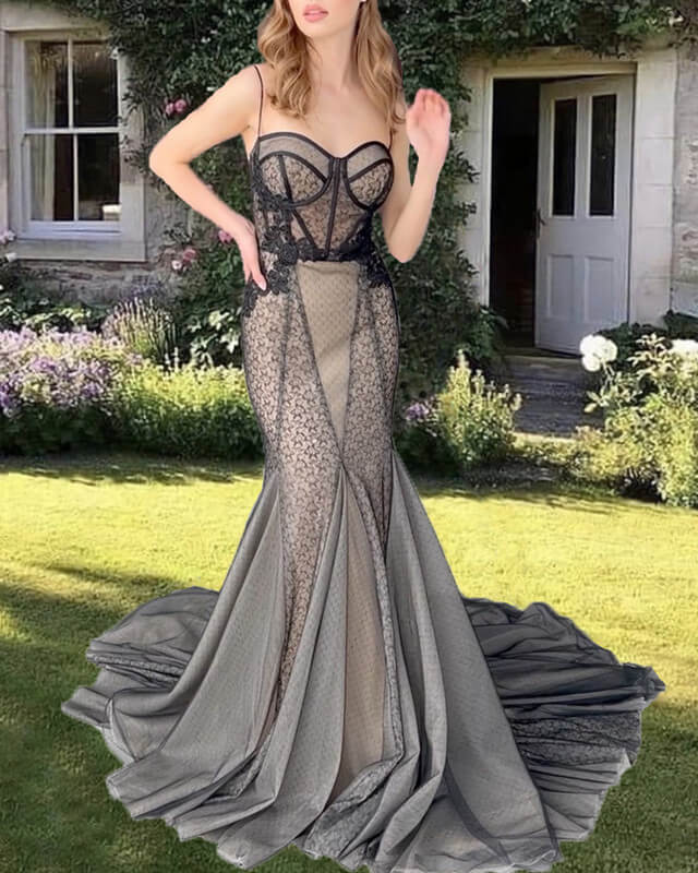 Mermaid Black And Nude Wedding Dress – Lisposa - Main Image