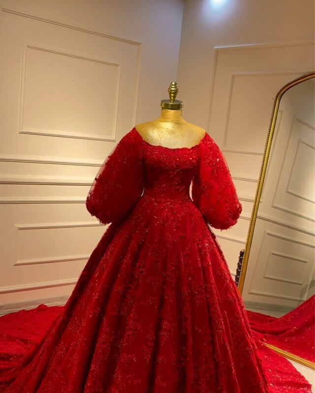 Red Lace Puffy Sleeve Ball Gown Dress