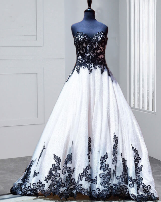 black and white embroidered wedding dress Dramatic Black Wedding Dress with White Lace Appliques and Chapel Train BK122 Viniodress