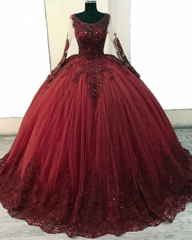 Burgundy Ball Gown Long Sleeve Lace Applique Dresses