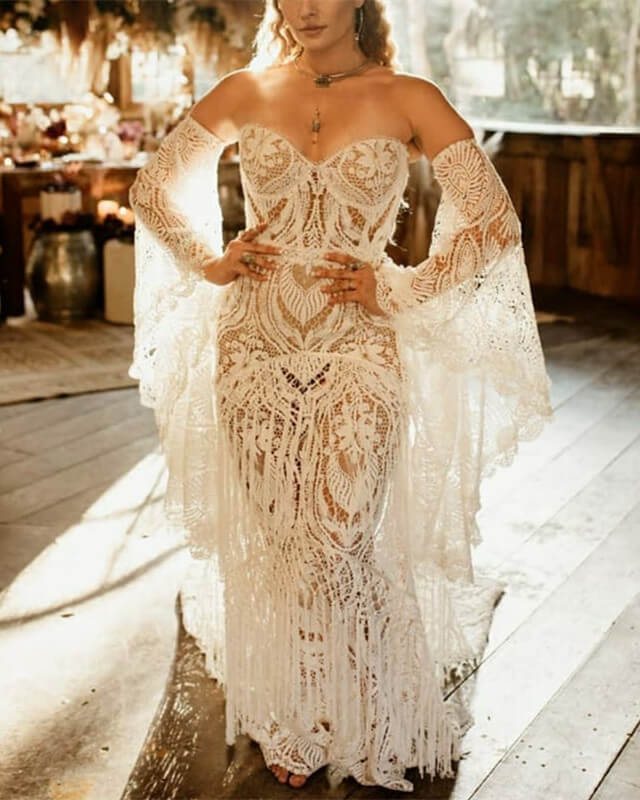 Vintage Boho Lace Wedding Dress Puffy Sleeves Lisposa Vintage Boho Lace Wedding Dress Puffy Sleeves Lisposa
