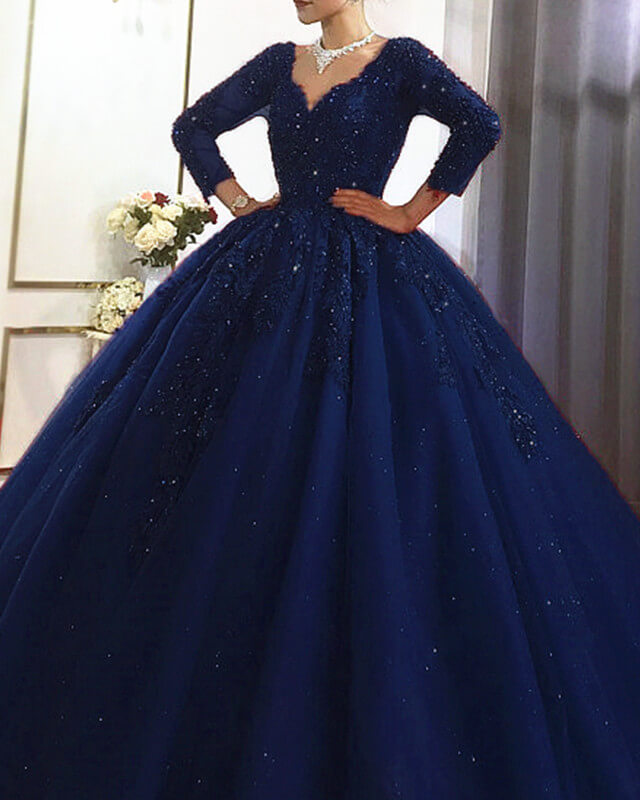 Navy Blue V Neck Wedding Dress With 3/4 Sleeves