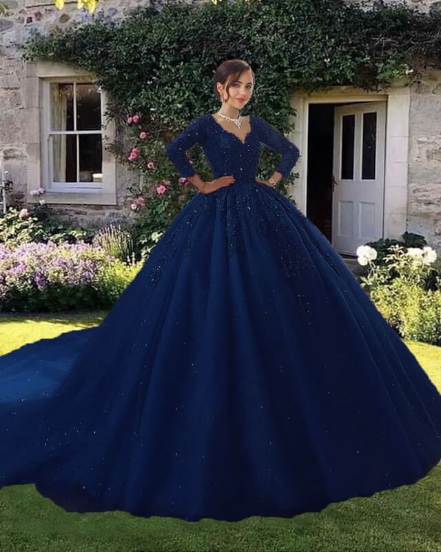 Navy Blue V Neck Wedding Dress With 3/4 Sleeves – Lisposa