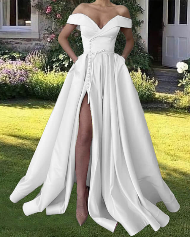 Off The Shoulder Satin Wedding Gown With Pockets – Lisposa Off The Shoulder Satin Wedding Gown With Pockets – Lisposa
