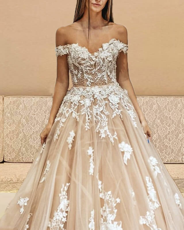 Ivory Lace Champagne Tulle Wedding Dress Off Shoulder