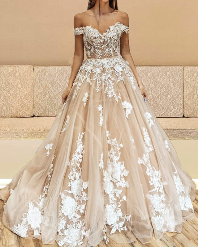 Ivory Lace Champagne Tulle Wedding Dress Off Shoulder – Lisposa