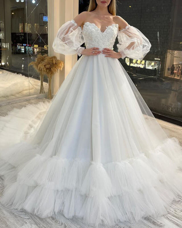 puffy princess wedding dresses Luxury Long Ball Gown Glitter Wedding Dress with Puffy Sleeves