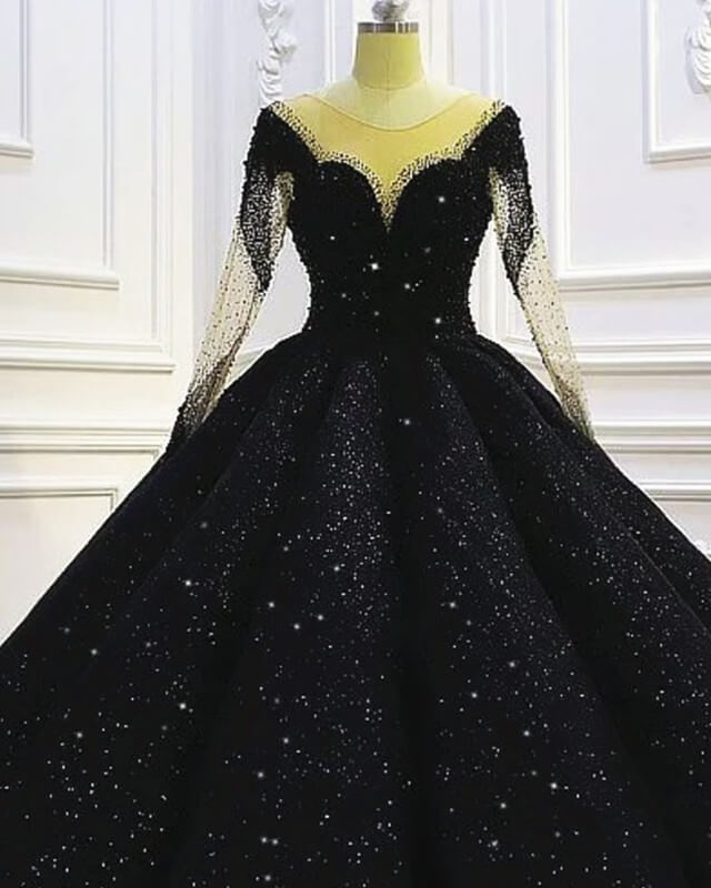 Black Sparkly Long Sleeve Wedding Ball Gown Dress