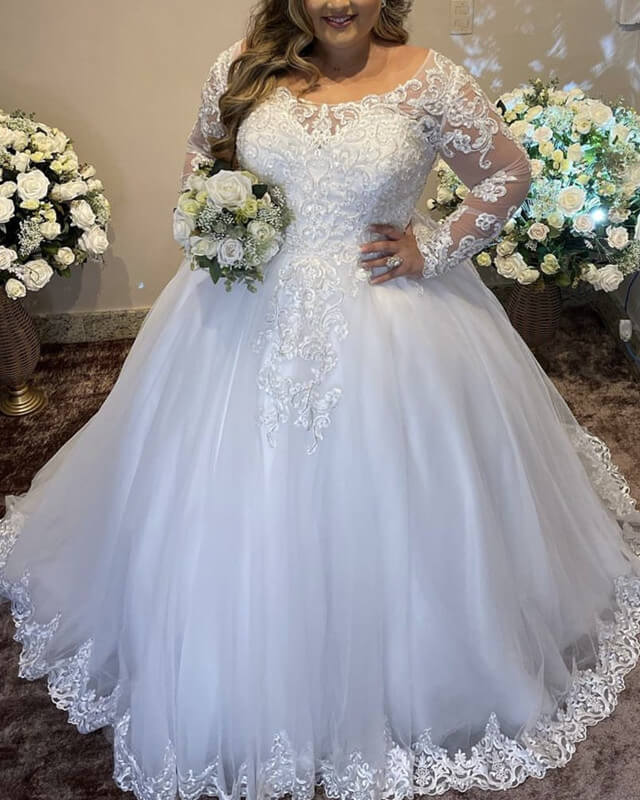 Modest Plus Size Tulle Wedding Dress With Lace Sleeve Lisposa Modest Plus Size Tulle Wedding Dress With Lace Sleeve Lisposa