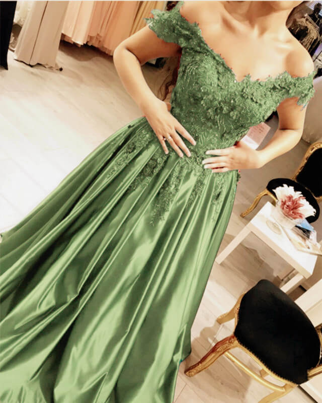 A-line Prom Dresses Satin Off Shoulder Lace Beaded Lisposa A-line Prom Dresses Satin Off Shoulder Lace Beaded Lisposa