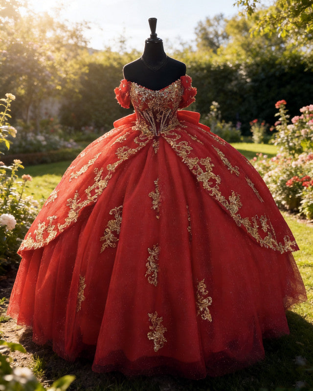Ashely | Red Ball Gown Quinceanera Dress With Gold Lace