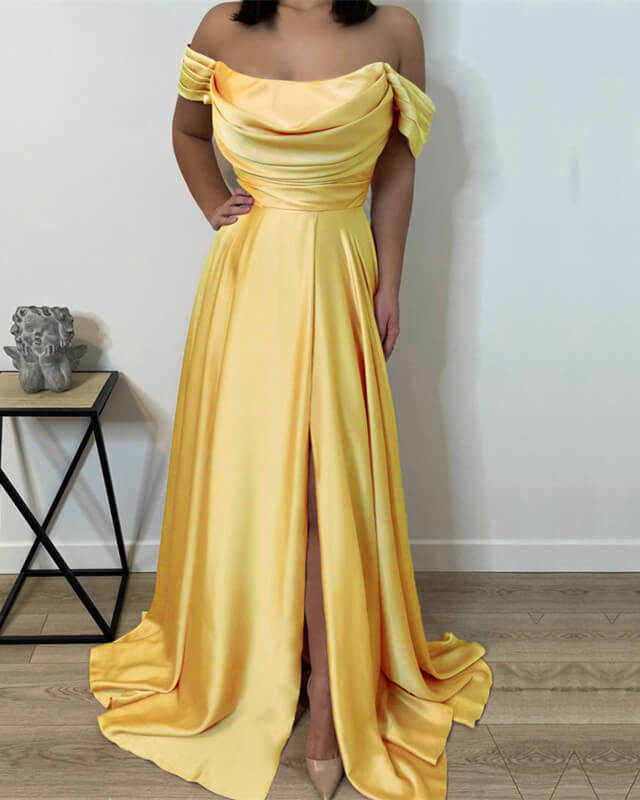 Long Cowl Neck Off Shoulder Satin Split Dress