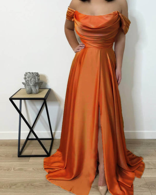 Long Cowl Neck Off Shoulder Satin Split Dress