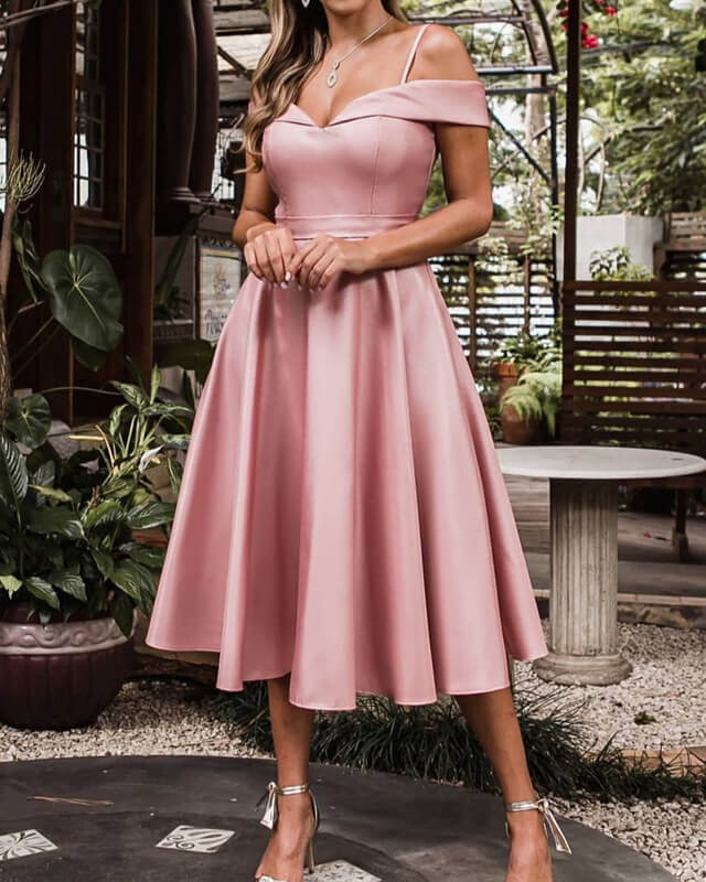 pink tea length dresses bridesmaid A-line V Neck Knee Length Pink Homecoming Dress Short Prom Dresses US6 / As Picture
