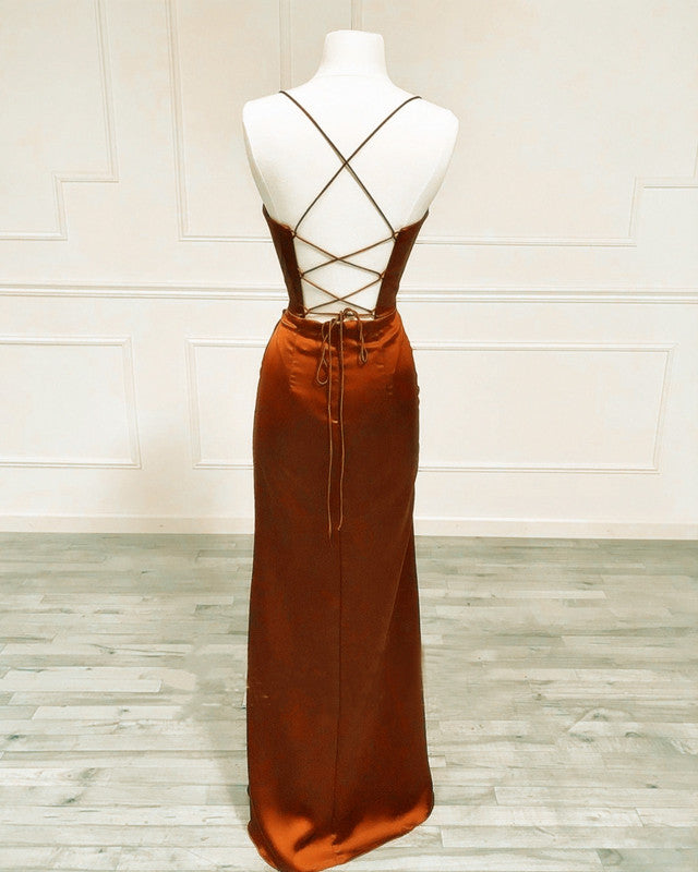 Mermaid Burnt Orange Satin Cross Back Dress