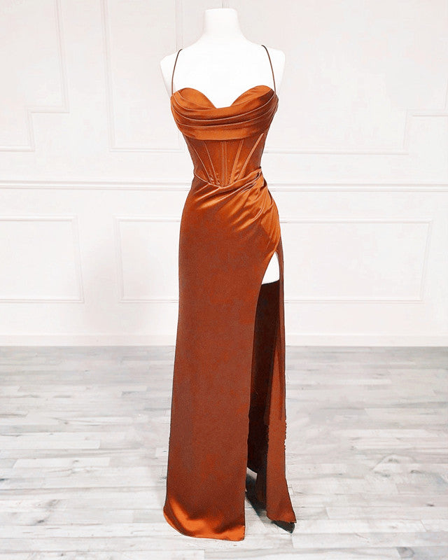 Mermaid Burnt Orange Satin Cross Back Dress