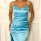 Ice Blue Satin Sheath Split Dress