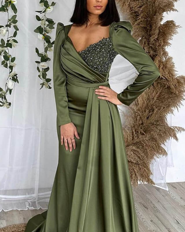 Long Sleeves Mermaid Satin Beaded Gown