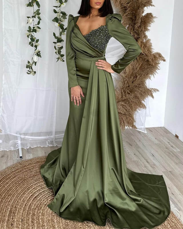 Long Sleeves Mermaid Satin Beaded Gown