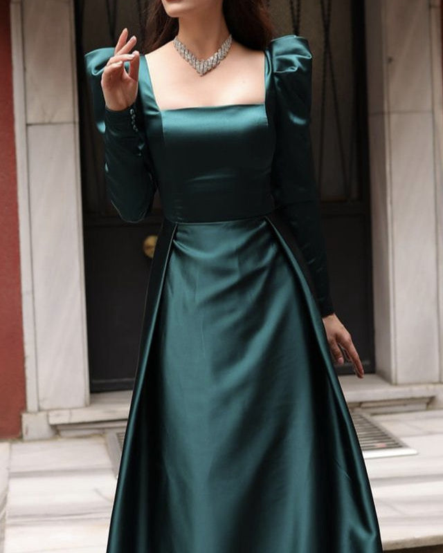 Dark Green Long Sleeve Satin Gown
